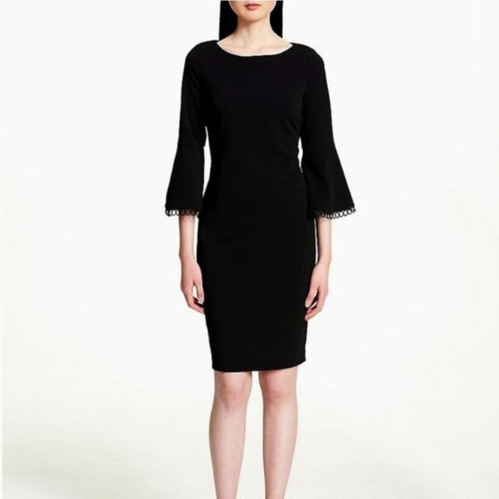 Calvin Klein Black Bell Sleeve Circle Trim Sheath Dress Timeless Classic Size 2